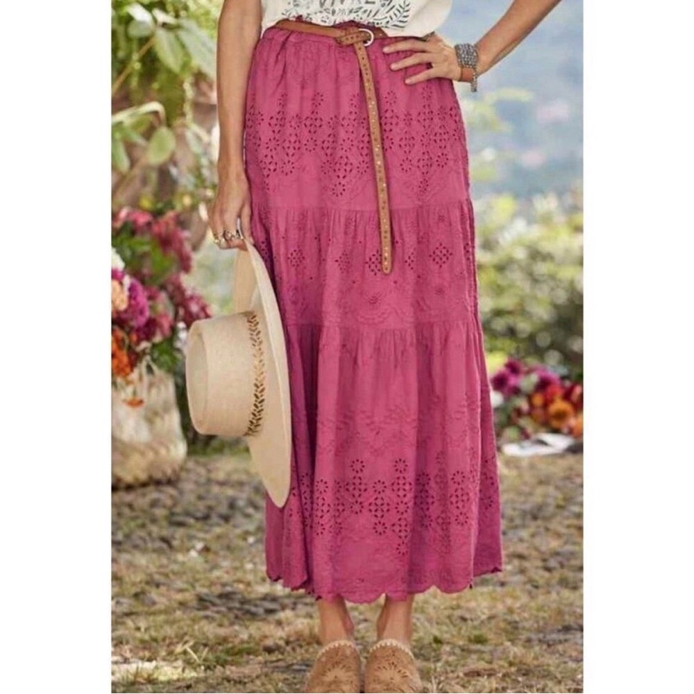 Sundance Bastilla Tiered Pink Eyelet Boho Skirt size L Fuchsia Pink